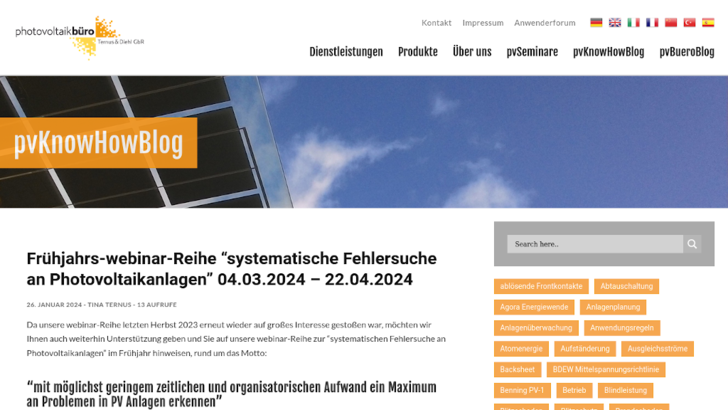  Die Website des Photovoltaikbüros mit dem Angebot an Webinaren und Seminaren wird laufend aktualisiert.
