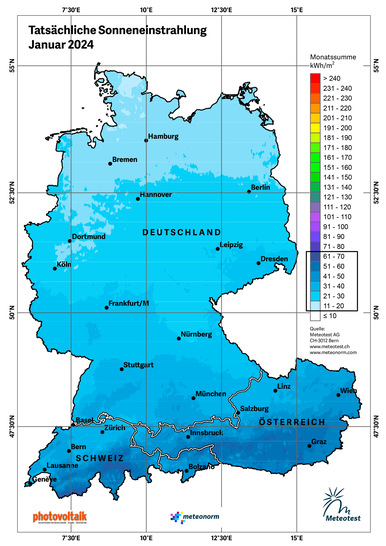 Einstrahlungskarte für die DACH-Region im Januar 2024. - © Meteotest
