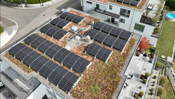 Gründächer bieten jede Menge Vorteile, wenn sie mit Photovoltaik kombiniert werden. - © Ernst Schweizer AG
