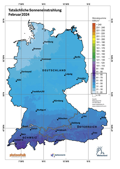 Solarer Einstrahlungsatlas für die DACH-Region im Februar 2024. - © Bild: Meteotest
