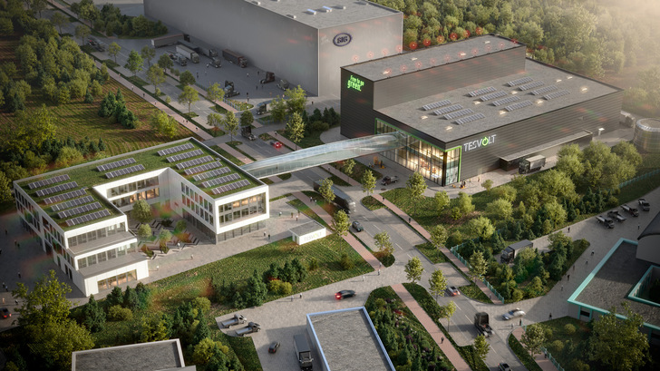 Visualisierung der geplanten Batteriefabrik und des Forschungs- und Entwicklungszentrums. - © Tesvolt
