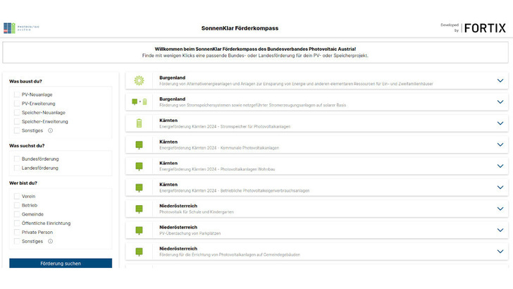 Der Sonnenklar Förderkompass gibt Interessenten einen schnellen Überblick über die einschlägige Unterstützung für ihre Projekte. - © PV Austria
