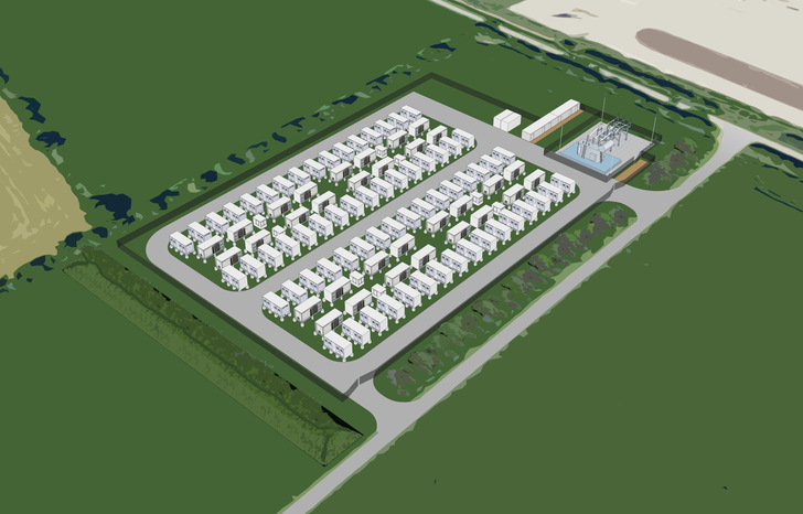 Ansicht auf den aktuellen Planungsstand des Batteriespeicherwerks in Schuby. - © Eco Stor
