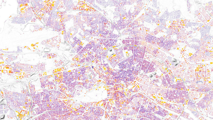  Der Solardachatlas zeigt das Potenzial für Photovoltaikerträge – hier am Beispiel Berlins. Gelb bedeutet hohes Potenzial. Je dunkler, desto geringer sind die potenziellen Erträge.