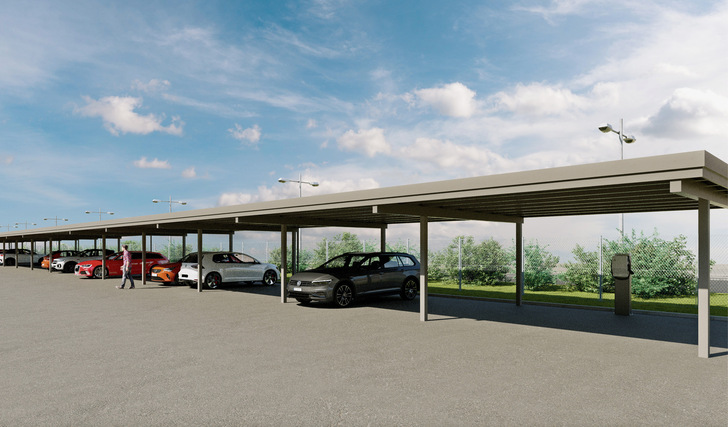 ﻿ So wird die solare Überdachung des Parkplatzes der Wäscherei in Munster aussehen. Eine zweite Anlage ist bereits angedacht.