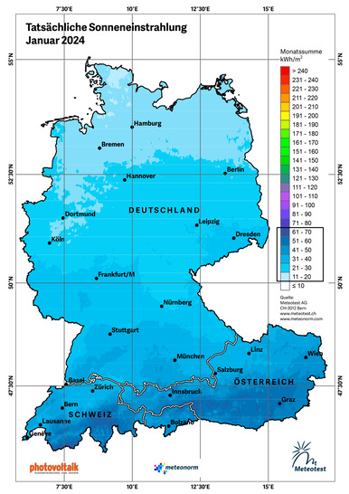 Einstrahlungskarte für die DACH-Region im Januar 2024.