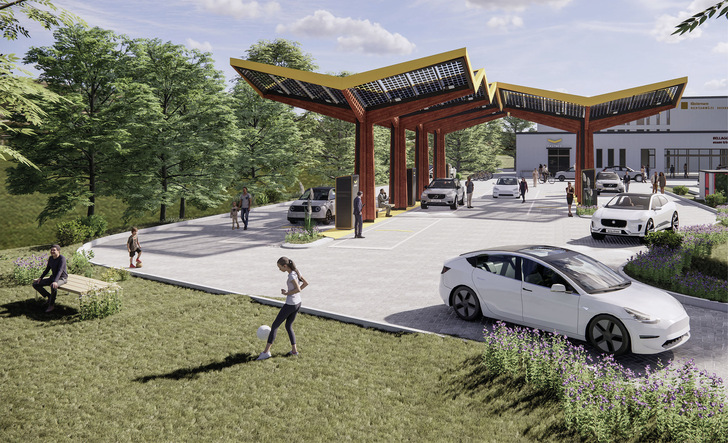 So wird der Ladepark in Bochum aussehen. Die Tankstellen sollen Orte sein, an denen auch längere Tankstopps nicht ­langweilig werden.