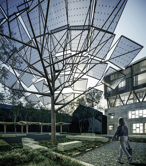 Solaranlagen auf Gebäudeflächen und im Hinterhof liefern den Strom.