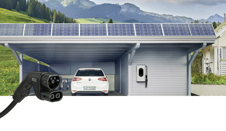 Der kompakte Ladestecker von Phoenix Contact ist fürs DC-Laden an der Wallbox optimiert. Ist diese ans Hausnetz angeschlossen, wird das E-Auto nicht nur geladen, sondern dient zusätzlich als Energiespeicher.