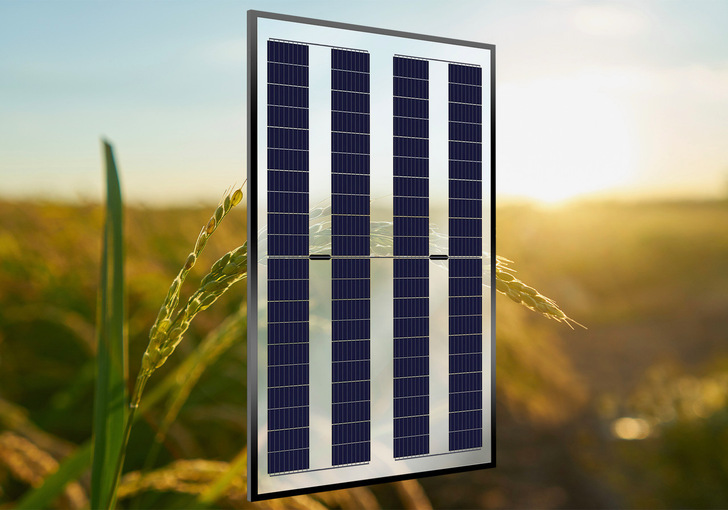 Schwimmendes Solarpanel vor einem sonnigen Feldhintergrund mit grünen Pflanzen und einem warmen, sonnenbeschienenen Himmel. - © Gridparity