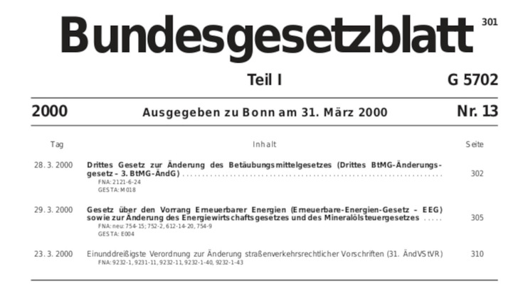 Trat am 1. April 2000 in Kraft: das EEG.