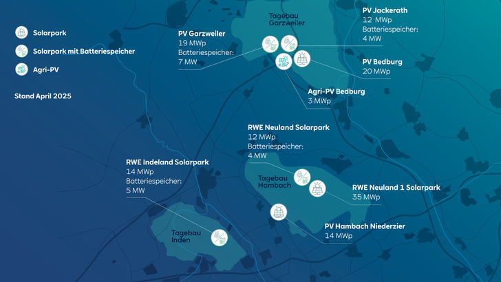 Überblick über die Solarprojekte in Grazweiler, Hambach und Inden.
