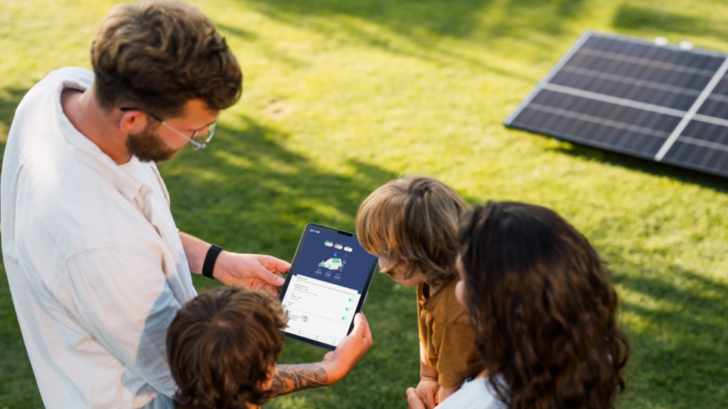 Ein Mann und zwei Kinder schauen auf ein Tablet, auf dem Daten zu Solarmodulen angezeigt werden. In der Nähe steht ein Solarmodul auf dem Gras. - © Priwatt
