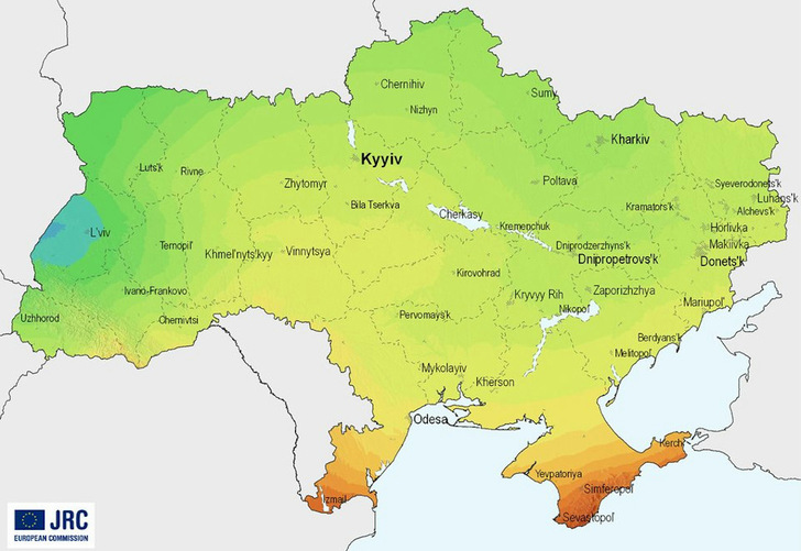 Solare Einstrahlunskarte der Ukraine, von unter 1.000 (blau) bis über 1.350 Kilowattstunden pro Quadratmeter.