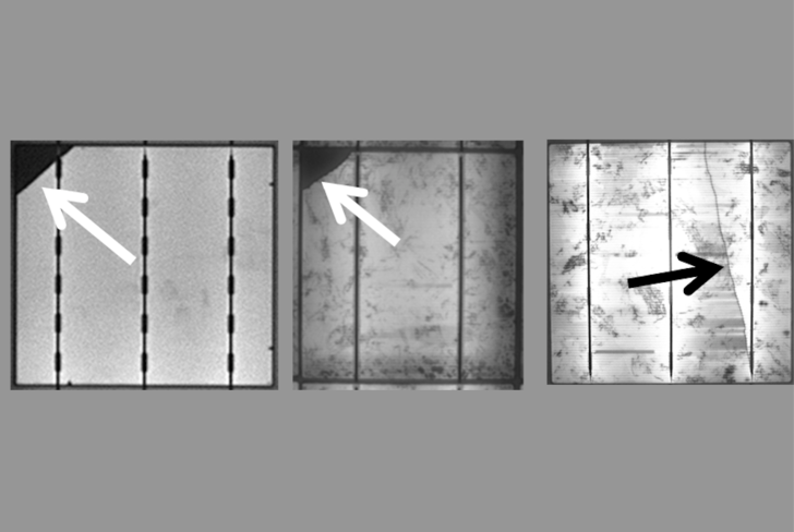 Ungleichmäßige Helligkeit in der Elektrolumineszenz (Schachbrettmuster) kann ein Indikator für Degradationen sein. Hier ist sie für TopCon-Module dargestellt.