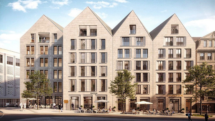 So wird das Gebäudeensemble einmal aussehen. Die solaren Dachziegel sind von den herkömmlichen Dachziegeln optisch nicht zu unterscheiden.