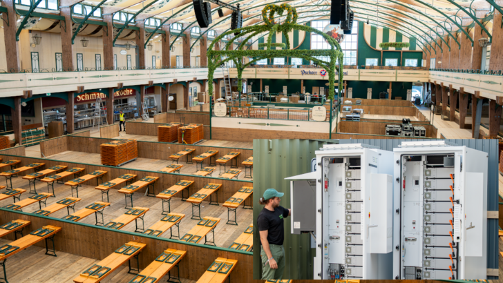 Zwei Batteriespeicher Forton (kleines Bild) kappen Lastspitzen im Pschorr-Bräurosl Festzelt.