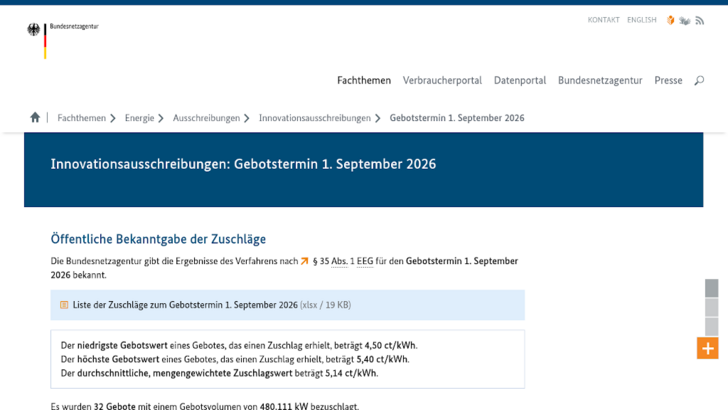 Details zu den bezuschlagten Geboten finden Sie auf der Website der Netzagentur.