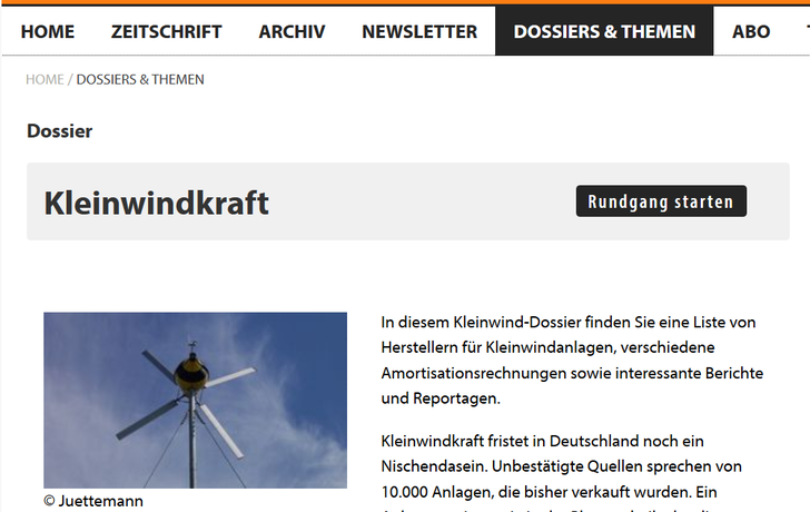 Ein Screenshot der Startseite des Kleinwind-Dossiers.