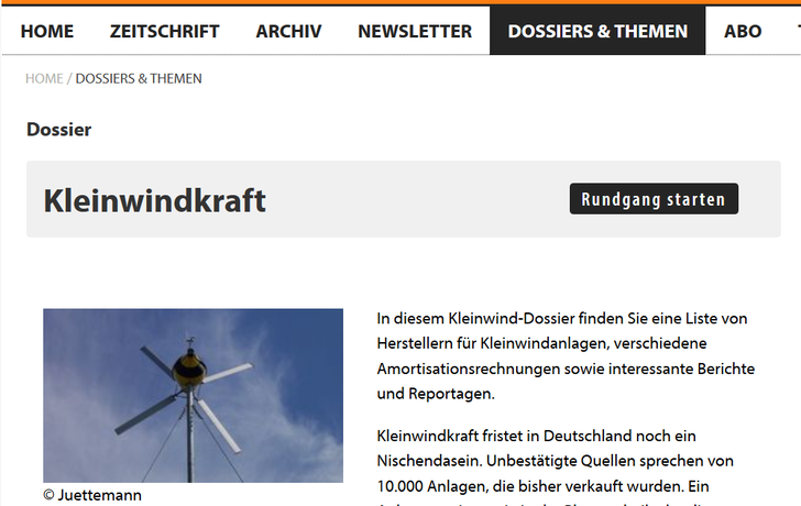 Ein Screenshot der Startseite des Kleinwind-Dossiers. - © photovoltaik
