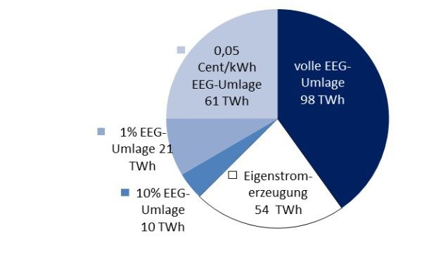 Bei der EEG-Umlage unterschiedlich entlastete Anteile des Stromverbrauchs des produzierenden Gewerbes im Jahr 2013 (Prognose).