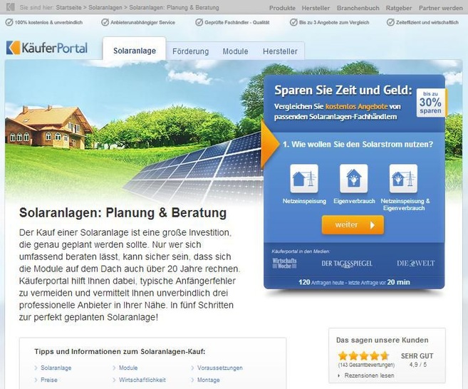 Speziell für Photovoltaik hat das Portal eine Unterseite eingerichtet. - © www.kaeuferportal.de
 Speziell für Photovoltaik hat das Portal eine Unterseite eingerichtet.