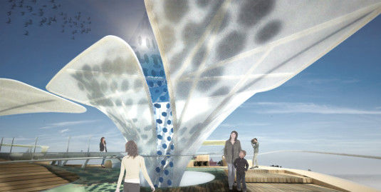 Die mit den organsichen Photovoltaikfolien ausgestatteten Solarbäume werden ihren Strom direkt an den Pavillon liefern.