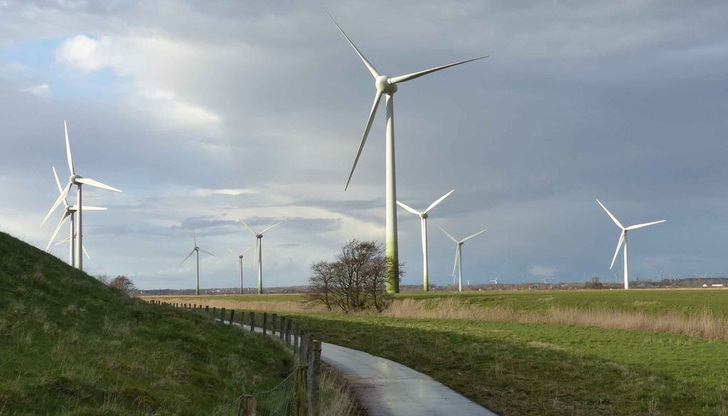 Viele Windkraftanlagen stehen am Deich bei Husum in Schleswig-Holstein.