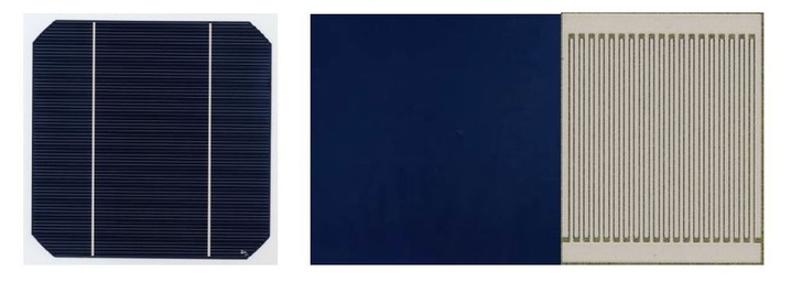 Vorderseite einer konventionellen Solarzelle mit Kontakten (links). Vorderseite (blau) und Rückseite einer rückseitenkontaktierten Solarzelle (rechts).