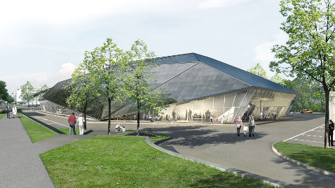Das Dach ist wie ein Kristall. Es steht für die Dynamik und die Eleganz der Umweltarena in Spreitenbach. - © BE Netz AG
