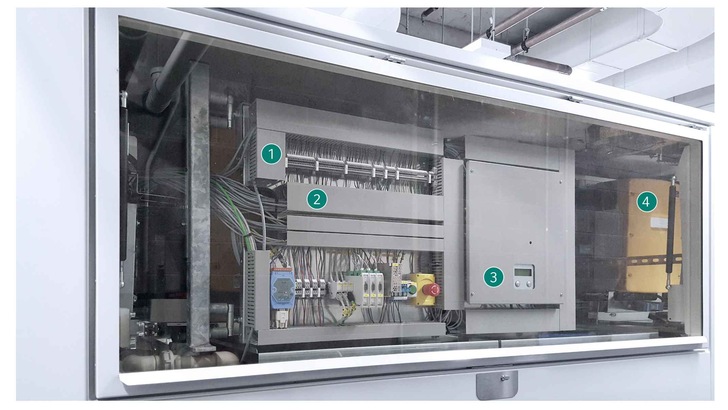 1) Stacks, 2) DC-Stromschiene, 3) Batteriecontroller, 4) Wechselrichter - © Gildemeister Energy Solutions
