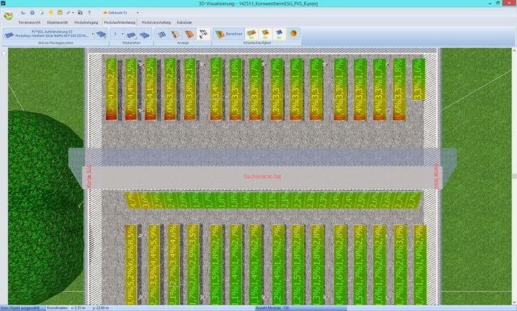 Aus der Direkteinstrahlungsminderung durch Verschattung wird in der Planung die Verschaltung der Module abgeleitet. - © Grafik: Ensolar/Valentin Software
