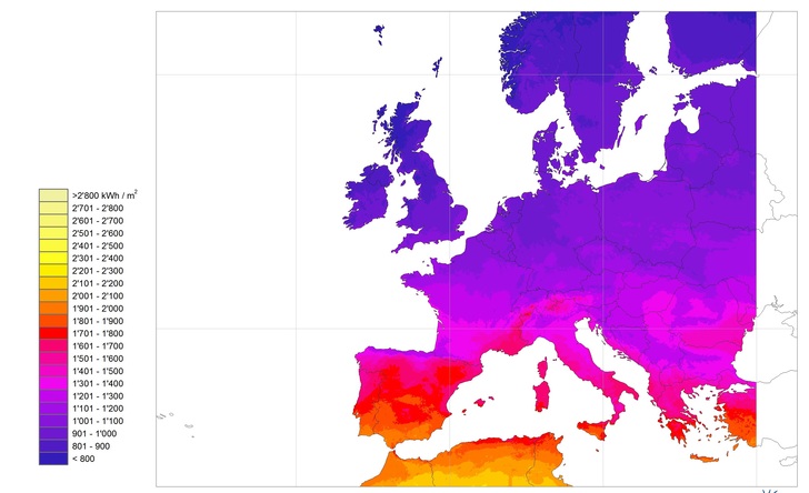 Typische Einstrahlungskarte aus Meteonorm (Monat Februar). - © Meteotest
 Typische Einstrahlungskarte aus Meteonorm (Monat Februar).