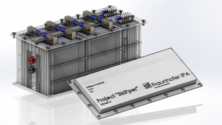 Die neuen Superkondensatoren exisiteren schon als Prototyp. Die komplette Batterie - hier ein CAD-Modell - sieht dann so aus, dass die Superkondensatoren über den eigentlcihen Batteriezellen sitzen und so Stromspitzen abfangen.
