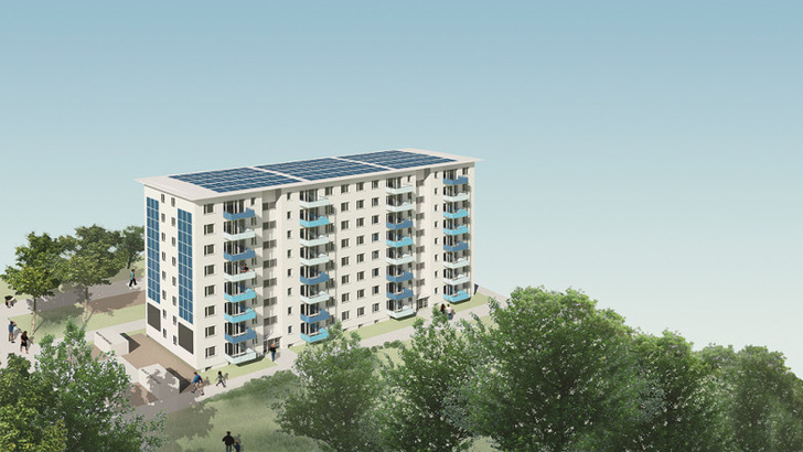 Dieses Mehrfamielienhaus im Berliner Süden wird sich in Zukunft komplett mit der Energie aus der Sonne versorgen.