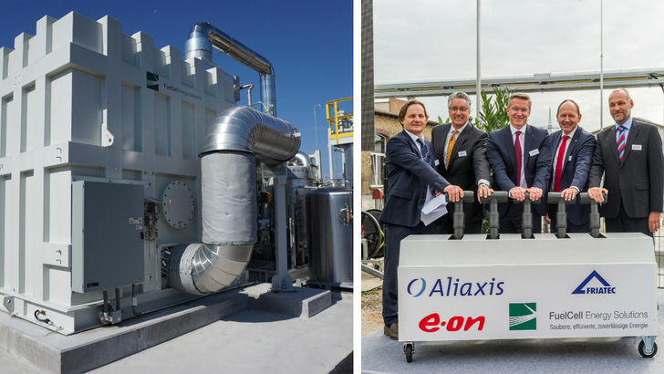 Das Brenstoffzellenmodul (links) ist der Herz der Anlage, die jetzt in Mannheim errichtet und von den Projektpartnern (rechts) in Betrieb genommen wurde. - © Aliaxis

