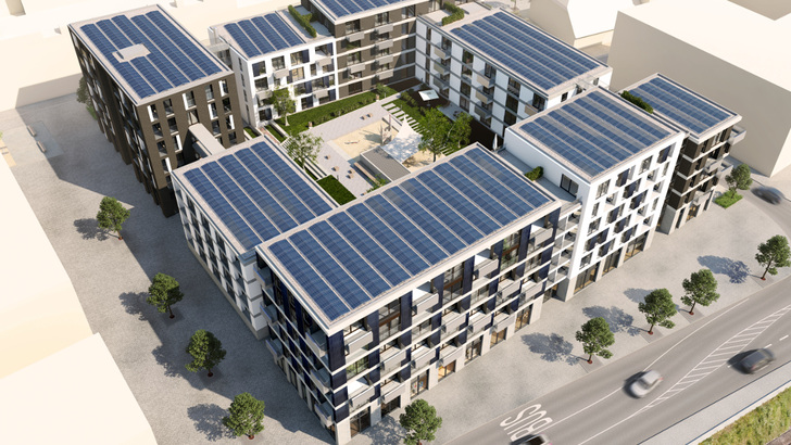 In Esslingen plant der Münchner Ökostromversorger Polarstern eine riesiege Mieterstromanlage auf dem Dach eines neuen Mehrfamilienhauskomplexes.