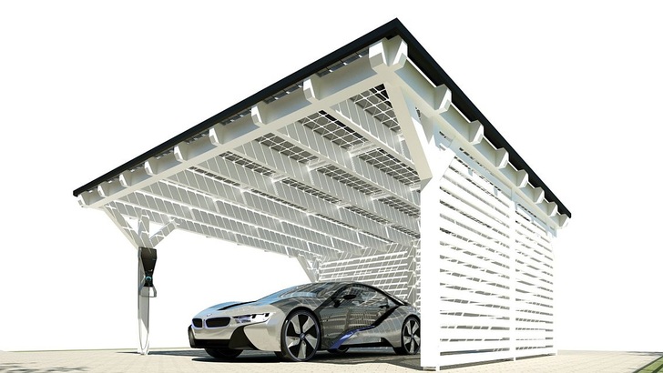 Gute Kombi: Solarcarport und Elektroauto. - © Solarwatt
