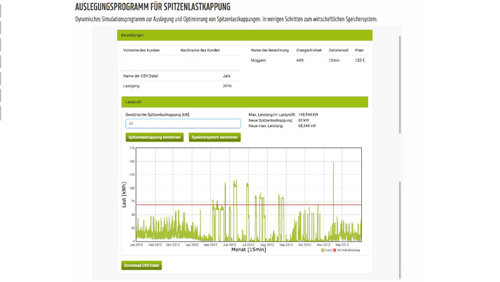 Der Planer gibt an, ab welcher Leistung die Lastspitzen abgeschnitten werden sollen und das Auslegungstool berechnet aus dem eingegebenen Lastgang die wirtschaftlich sinnvollste Speicherkonfiguration. - © Tesvolt
