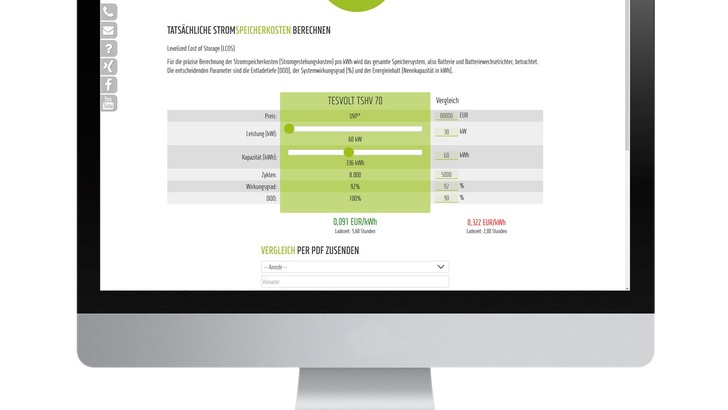 Ein Online-Rechner berechnet die tatsächlichen Kosten pro gespeicherter Kilowattstunde. - © Tesvolt
