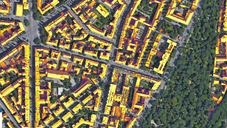 Sunroof berechnet für jedes erfasste Dach, wieviel Sonnenlicht im Laufe des Jahres darauf fällt.