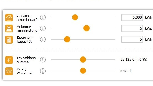 Mit Schiebereglern kann der Nutzer des neuen Berechnungsprogramms die Werte relativ einfach verändern und so die ideale Größe seines Systems herausfinden. - © DGS Franken
