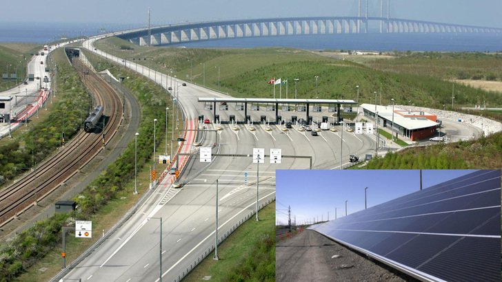 Die Solaranlage ist links neben der Mautstation auf schwedischer Seite an der Böschung zum Bahndamm installiert. - © Øresundsbron/Hanwha Q-Cells
