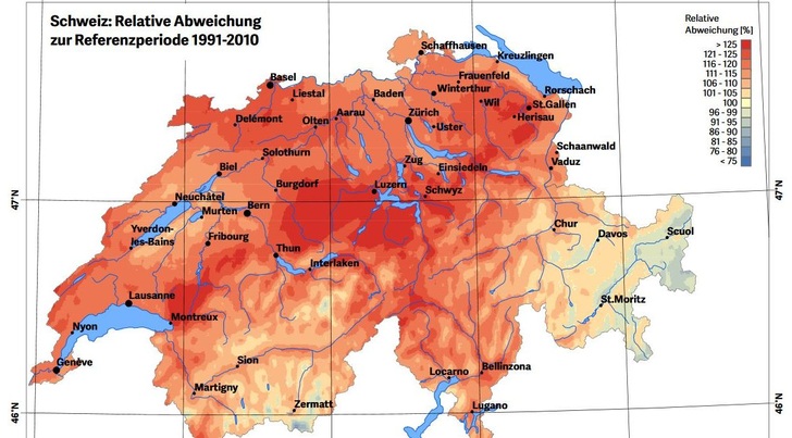 Einstrahlungswerte in der Schweiz für Juli 2018.