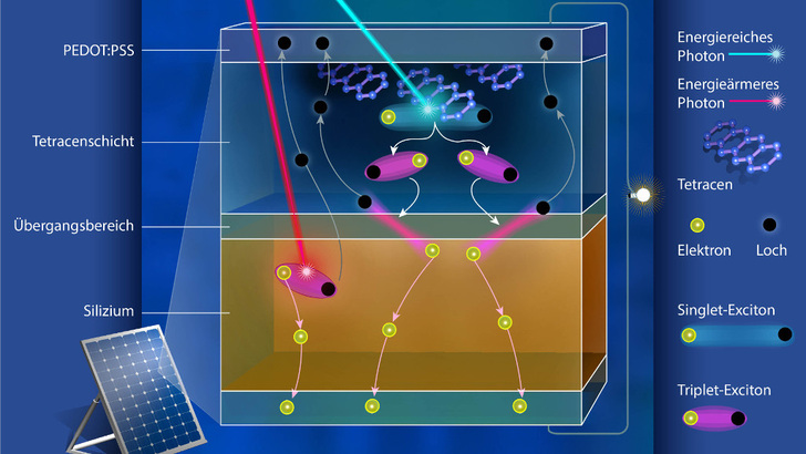 Auf die eigentliche Siliziumzelle haben die Forscher eine organische Tetracenschicht und eine organische Leitungsschicht aufgebracht. Damit können sie unter anderem ein größeres Lichtspektrum nutzen. - © M. Künsting/HZB
