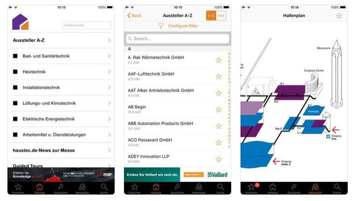 Die App beinhaltet auch den Hallenplan der ISH Messe.