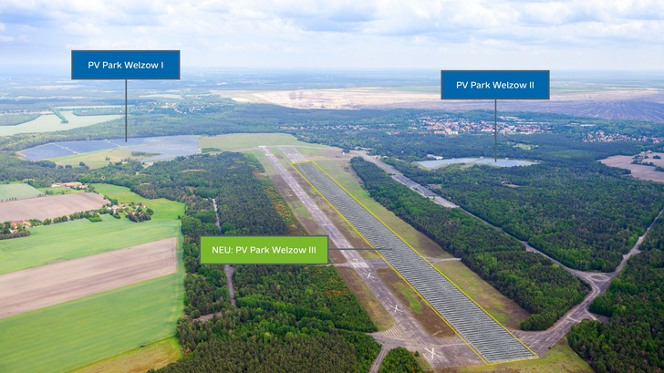 Auf einem ehemaligen Flugplatz lässt die LEAG einen Solarpark bauen und vertreibt auch den Strom. - © LEAG
