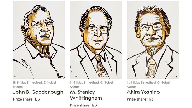 Die drei Preisträger: John Goodenough (USA), Stanley Whittingham (GB) und Akira Yoshino (Japan). - © Illustration: Johan Jarnestad/The Royal Swedish Academy of Sciences
