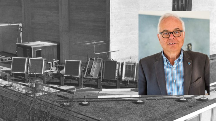 Thomas Nordmann und der Prüfstand für solarthermische Kollektoren aus dem Jahr 1975.