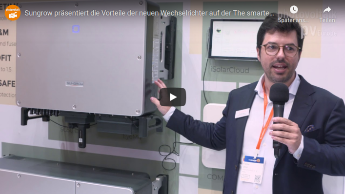 Präsentation der Neuheiten am Messestand von Sungrow zur Intersolar 2019 in München.